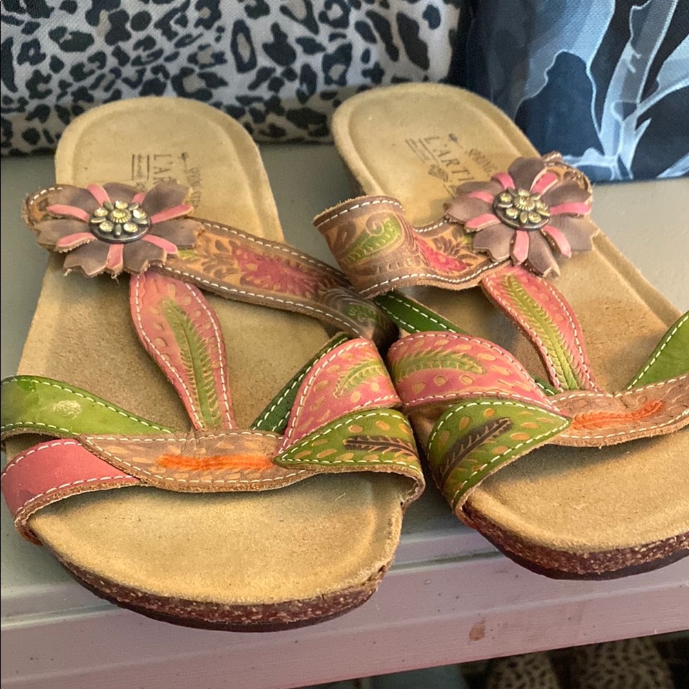 L’Artiste Floral Sandals - Pink and Green Size 8